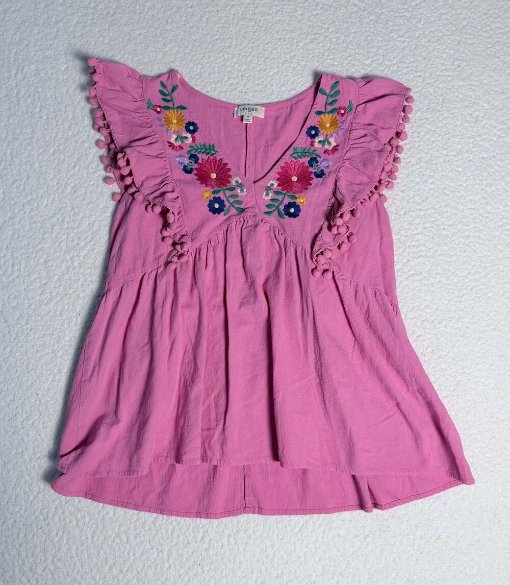 Umgee Women's Pink V-Neck Floral Embroidered Flutter Sleeve Pom-Pom Top